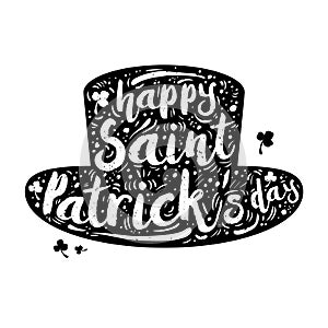 Black silhouette Patrick hat on white background. Calligraphy Happy St. Patrick`s day, design element, icon, banner