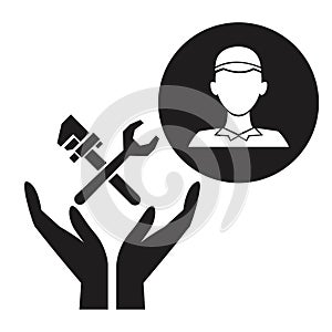 Black silhouette plumber in circular frame with hands holding floatin wrench crossed