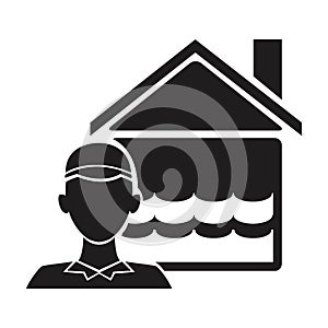 Black silhouette plumber with flooded house icon