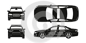 Black silhouette of police car. Front, side, back and side views. Patrol automobile drawing. Isolated blueprint