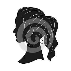 Black silhouette portrait of a young beautiful woman in profile. Minimal design, elegant style.