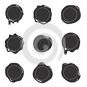 Black silhouette postage wax seal scroll stamp empty sign diploma certificate isolated on white mockup icons set design