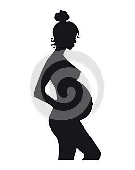 Black silhouette of a pregnant woman. Pregnancy, profile of a young beautiful mom. Clipart for design, vector