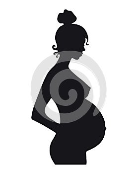 Black silhouette of a pregnant woman. Pregnancy, profile of a young beautiful mom. Clipart for design, vector