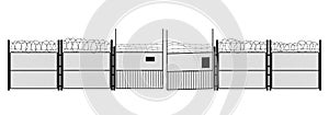 Black silhouette of prison on white background. Gates and steel grid. Symbol of freedom