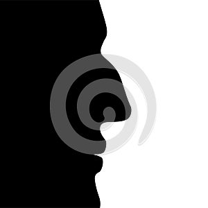 Black silhouette profile face of a man, with a crooked nose, isolated on white background.