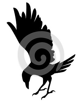 Black silhouette raven bird cartoon crow design flat vector animal illustration isolated on white background