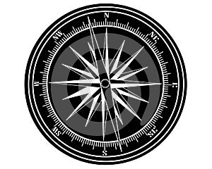 Black silhouette of Realistic compass isolated on white background. Vector illustration.