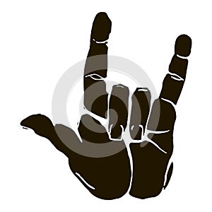 Black silhouette realistic rock n roll hand gesture icon graphic