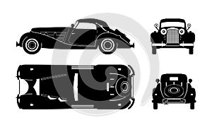 Black silhouette of retro car. Vintage cabriolet blueprint. Front, side, top and back view. Industrial isolated drawing