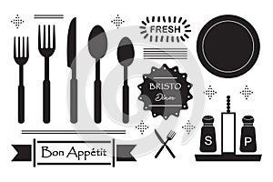 Black silhouette retro cutlery, salt and pepper shakers and bistro label icons set on white