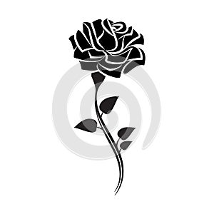 Black silhouette of rose with leaves. Tattoo style rose. Vector