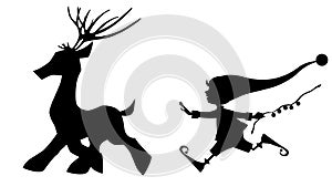 Black silhouette running deer and cute Christmas elf