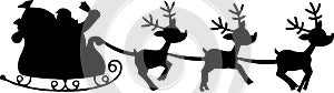 Black Silhouette Of Santa And A Reindeers Flying In A Sleigh