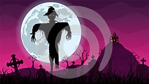 Black silhouette of scarecrow in the foreground in the middle of a cemetery with a haunted house on top of a mountain in the