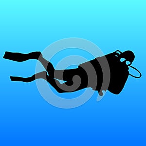 Black silhouette scuba divers on blue background