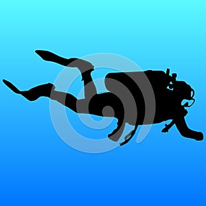 Black silhouette scuba divers on blue background