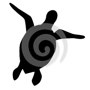 Black silhouette of sea turtle isolated on white background. View from above, top. Marine underwater animal. Logo, icon, symbol.