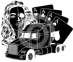 black silhouette of semi truck with girl and poker cards