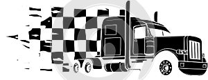 black silhouette of semi truck with race flag