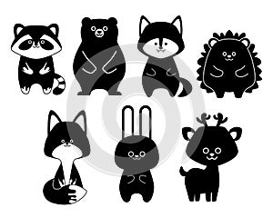 Black silhouette set of forest animals. Flat design for poster or t-shirt. Vector illustration