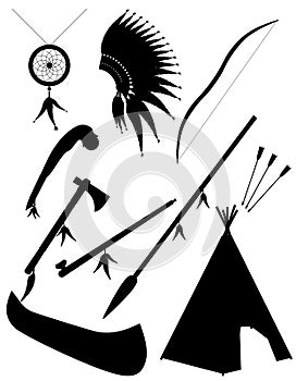 Black silhouette set icons objects american indians vector illus