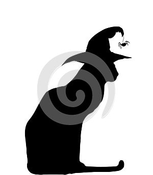 Black silhouette of sitting cat in witch hat isolated on white background
