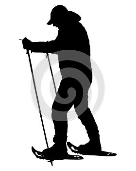 Black silhouette of a snowshoe hiker on white