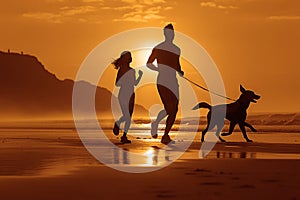 black silhouette of sporty man and daughter jogging at sunny evening. little girl running with dog. Happy family running on