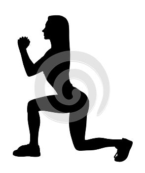 Black silhouette of sporty woman doing lunge.