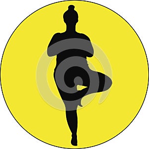 Black silhouette of standing high weight woman in yoga Tree Asana pose on a bright yellow circle back