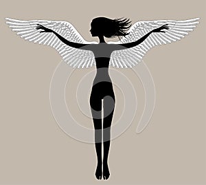Black silhouette of a standing naked girl with spread arms and wings