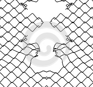 black silhouette of Steel mesh fence with torn hall in it. damage wire mesh over white background. Mesh netting with hole, gap