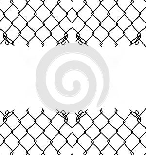 black silhouette of Steel mesh fence with torn hall in it. damage wire mesh over white background. Mesh netting with hole, gap