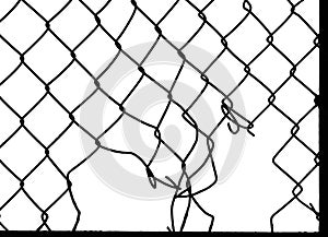 black silhouette of Steel mesh fence with torn hall in it. damage wire mesh over white background. Mesh netting with hole, gap