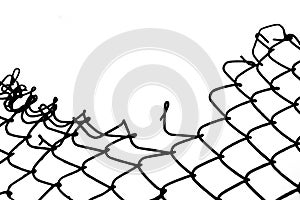 black silhouette of Steel mesh fence with torn hall in it. damage wire mesh over white background. Mesh netting with hole, gap