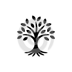 Black silhouette of a stylized tree with oval leaves
