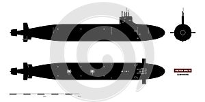 Black silhouette of submarine. Military ship. Top, front and side view. Battleship model. Industrial drawing. Warship