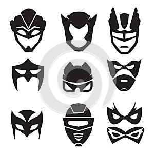 Black silhouette of superheroes masks. Vector monochrome illustrations set