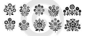 Black silhouette symmetrical flowers. Scandinavian folk art vector illustration. Floral composition art drawing.