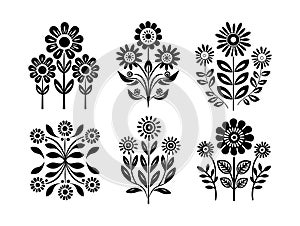 Black silhouette symmetrical flowers. Scandinavian folk art vector illustration. Floral composition art drawing.