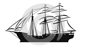 Black silhouette tall sailing ship, intricate rigging, sails billowing, maritime transport