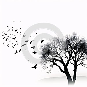 Black silhouette, tattoo of birds in flight and a tree on white isolated background. Vector