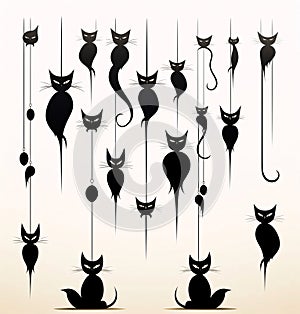 Black silhouette, tattoo of cats on white isolated background. Vector