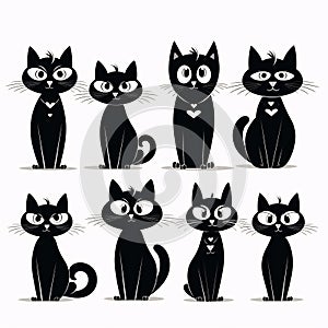 Black silhouette, tattoo of cats on white isolated background. Vector