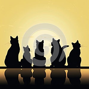 Black silhouette, tattoo of cats on yellow background. Vector