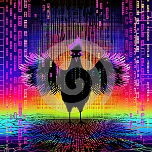 Black silhouette, tattoo of a chicken on rainbow background. Vector