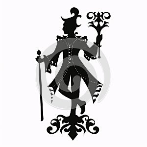 Black silhouette, tattoo of a clown, jester, squire on white isolated background. Vector