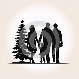 Black silhouette, tattoo of a family, Christmas tree on white isolated background. Vector