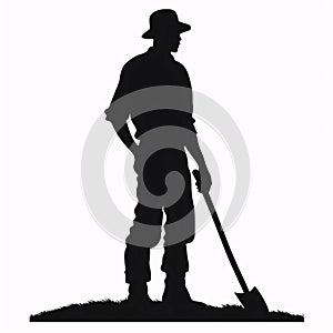 Black silhouette, tattoo of a gardener with shovels. on white isolated background. Vector